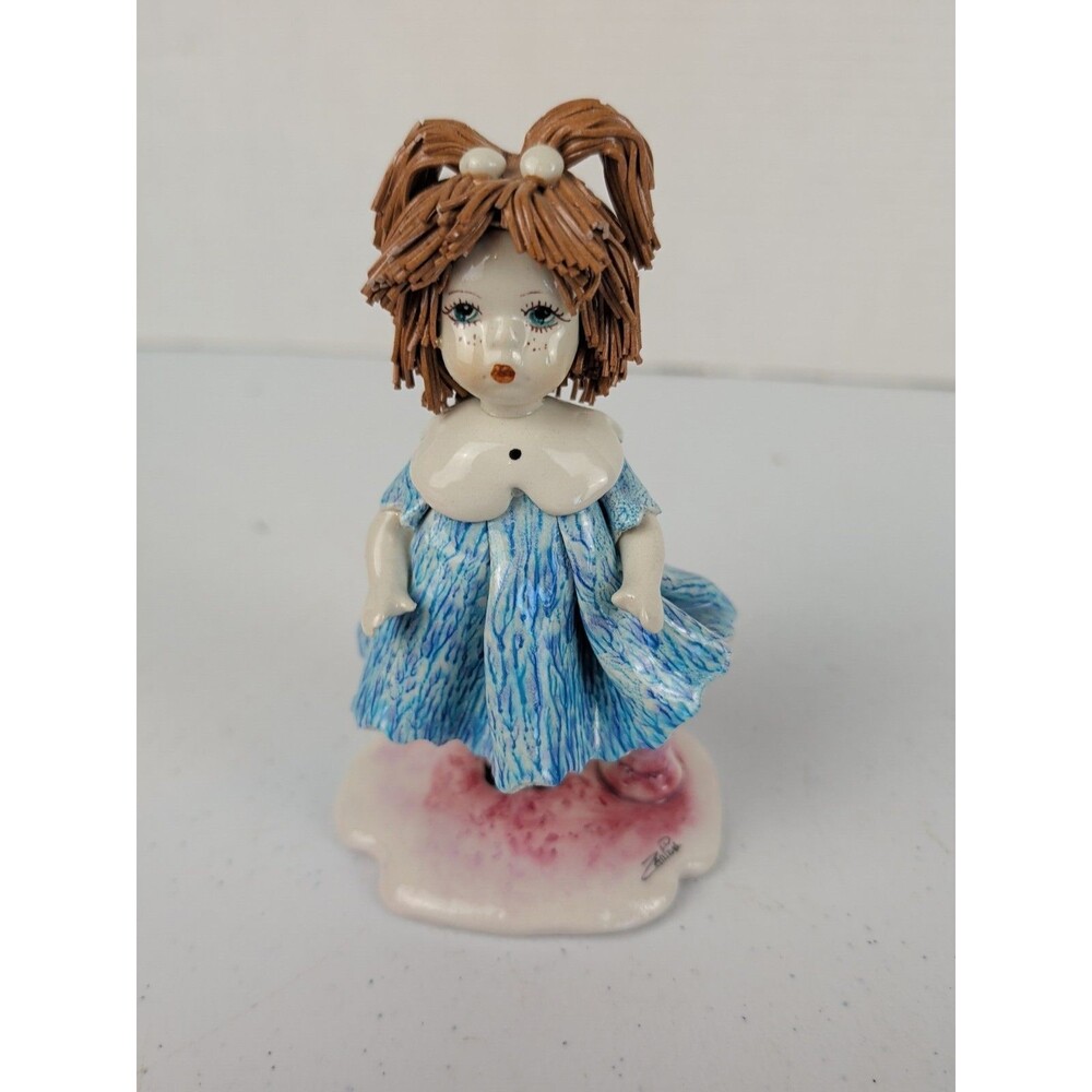 Lino Zampiva Ceramic Spaghetti Hair Girl Doll Azure Standing Signed Italy